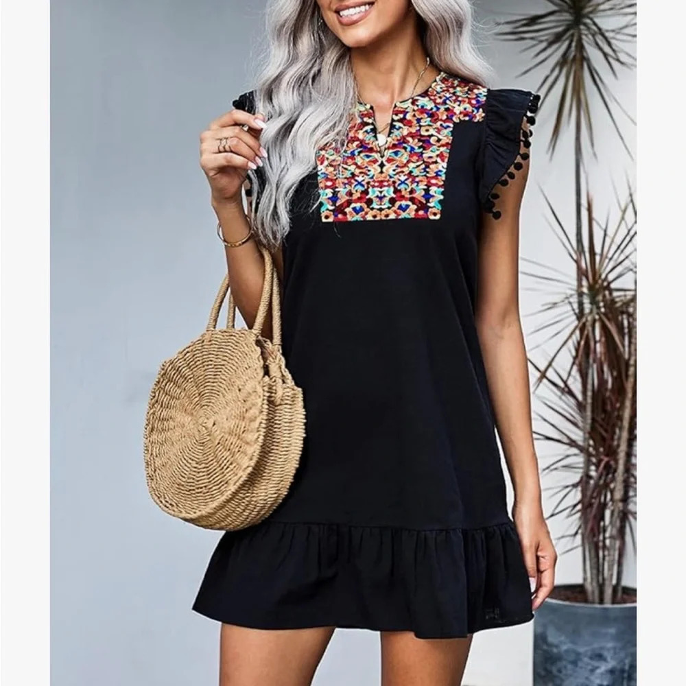 KIRUNDO Women's Mini Dress‎ Casual V Neck Floral Shift Dress Boho black  S